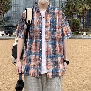 复古男款春秋夏季衬衫潮流宽松青年痞帅短袖破洞衬衣港风7223P45图片