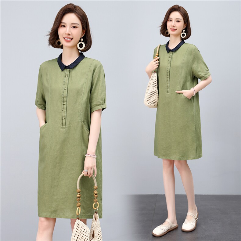 2025年夏季优雅气质天丝亚麻小翻领半开时尚休闲连衣裙，女装连衣裙，依恋蒂丝