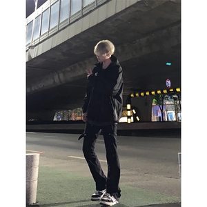 美式hiphop裤子高街vibe交叉绑带牛仔裤修身直筒微喇叭裤图片