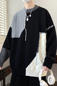 秋季新款拼接圆领毛衣男女宽松休闲百搭高级感上衣ZB7011-特价47图片