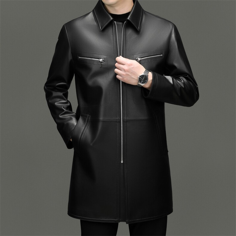 海宁真皮皮衣2025年秋季新款纯色翻领拉链绵羊皮中长款男士皮外套，男装皮衣，电商B360A（原721A）