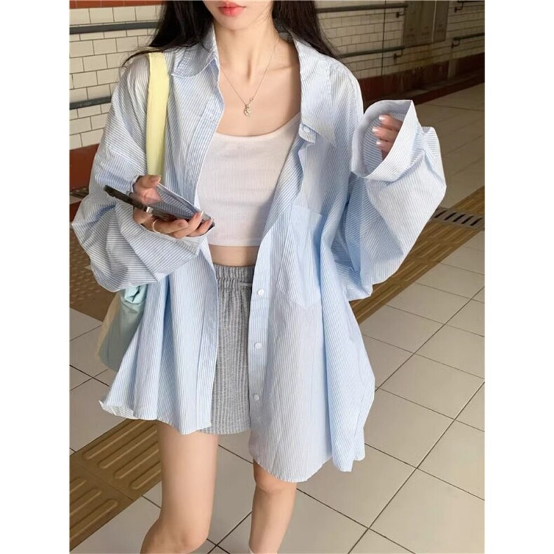 TC669-p45Caixie复古港风条纹衬衫外套女春秋季长袖，女装衬衫，星座617A-2