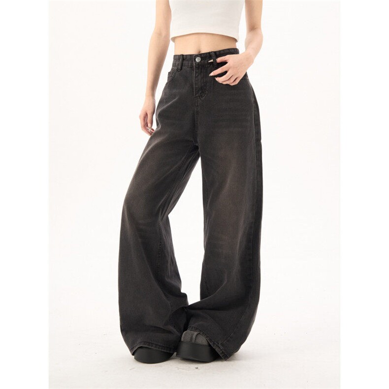 2379-P52猫须黑色弯刀牛仔裤男阔腿宽松垂坠感拖地长裤，女装牛仔裤，电商A306A