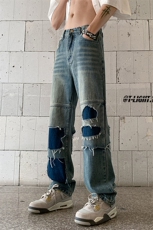 B221美式ins高街暗黑小众撞色破洞直筒牛仔裤LK23109-P65控88，男装牛仔裤，电商B221