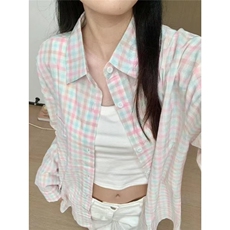 格子防晒衬衫外套女春秋新款法式上衣设计感小众宽松衬衣夏季，男装衬衫，星座506A