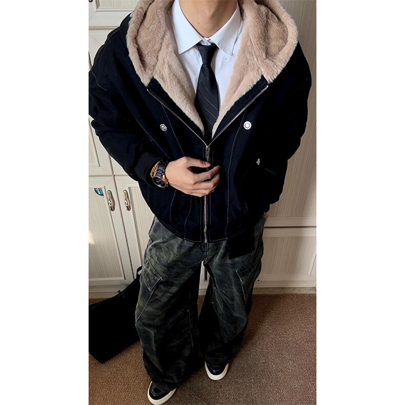 现货重磅boxy短款棉衣座山雕大毛毛领男女棉服水洗工装厚外套,男装棉衣,电商A486-1
