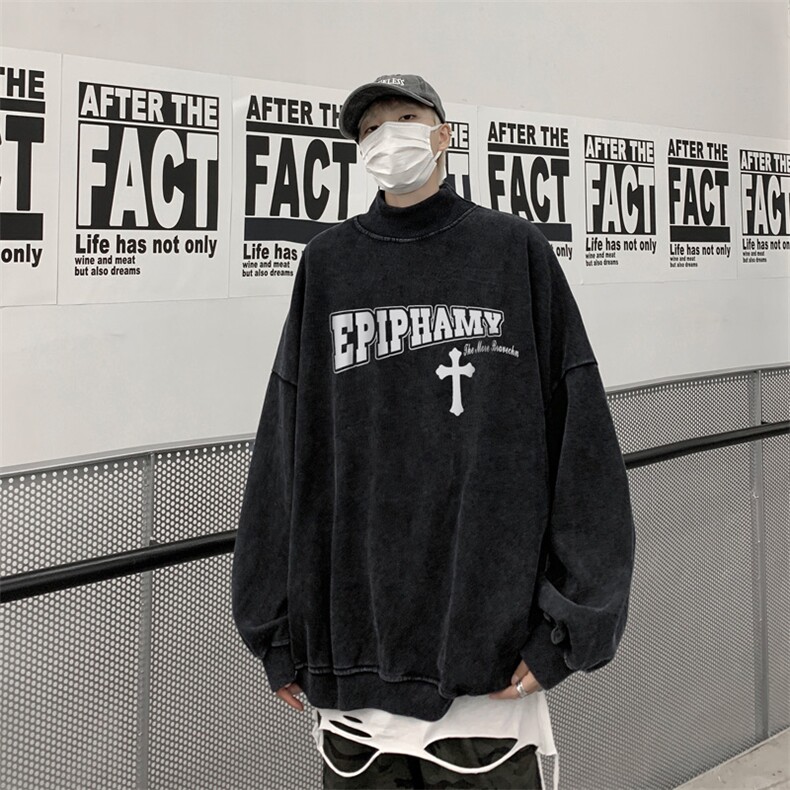 水洗做旧加绒加厚卫衣男2026冬高领十字架打底衫XZ514-2-X55-P78,男装T恤,星座514-2(原B239)
