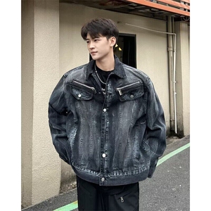 复古垫肩扎染牛仔外套男女小众拉链设计感夹克上衣潮W6390-P90图片