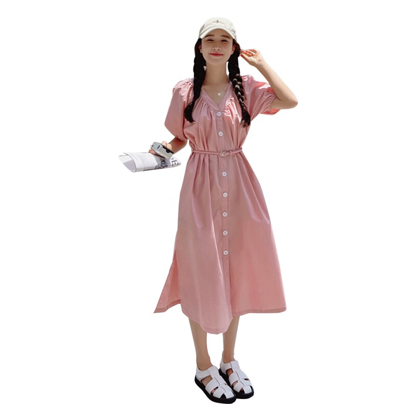 2024新款现货粉色宽松V领长裙212A-628-P115-K168,女装连衣裙,浙宝212A
