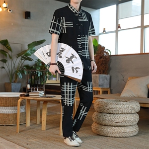 男士夏季冰丝短袖复古风唐装汉服中式居士服风套装HO6931-P65图片