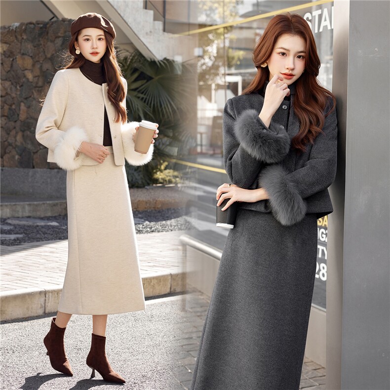 小香风羽绒服套装女冬季2026新款气质富家千金真狐狸毛毛呢套装裙，女装套装/套裙，奋斗女王
