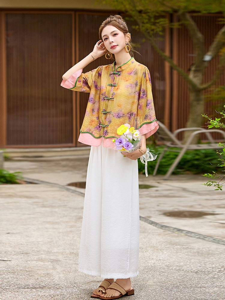 国风盘扣苎麻套装女2025夏季新款太洋气减龄休闲阔腿裤两件套,女装套装/套裙,魅影