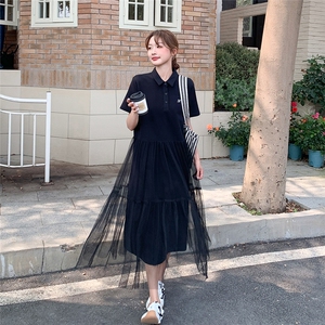黑色高级感网纱拼接衬衫连衣裙女夏新款轻熟风女神范气质显瘦长裙图片