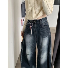 蓝灰色慵懒松弛风牛仔裤女小个子梨形宽松粗腿遮肉显瘦弯刀阔腿裤，男装牛仔裤，星座601-1