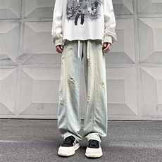 美式高街破洞牛仔裤男秋款潮牌复古宽松阔腿欧美直筒裤N6096-P43，男装牛仔裤，星座308B-1