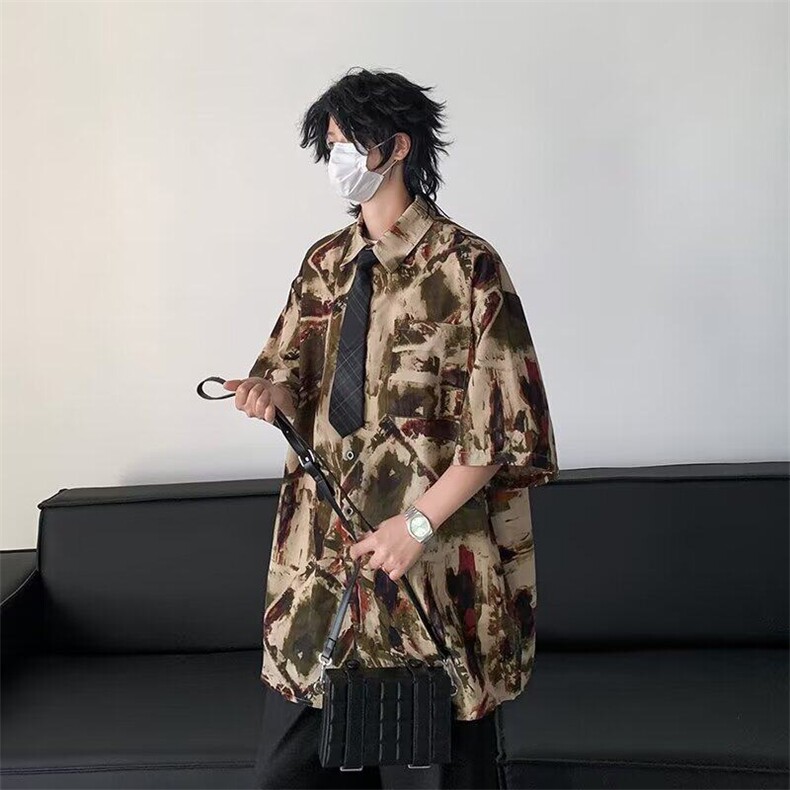 2025夏季薄款复古花衬衫短袖痞帅宽松五分袖衬衣C846,男装T恤,星座1108