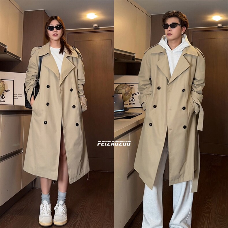 春季中长款风衣男女同款双排扣韩系过膝外套男Q5579-TP85138，男装风衣，电商A102