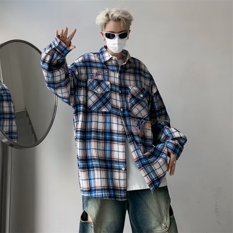 高街潮刺绣字母格子衬衫男高级感小众衬衫HC111P40,男装衬衫,星座1116-2