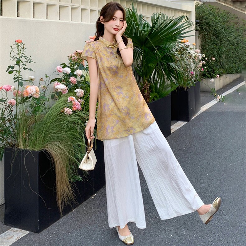 新中式g风套装女2026夏季流行复古印花盘扣旗袍上衣阔腿裤两件套,女装套装/套裙,超帛