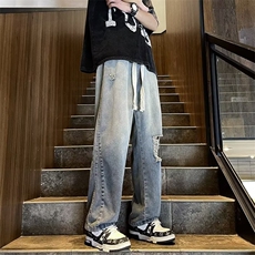 夏季破洞牛仔裤男美式ins潮牌复古宽松百搭做旧直筒裤子AN07-P45，男装牛仔裤，星座1008
