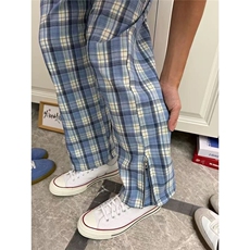 春季美式格子刺绣直筒裤男女慵懒百搭裤脚拉链休闲裤LN044-p50，男装休闲裤，星座1008