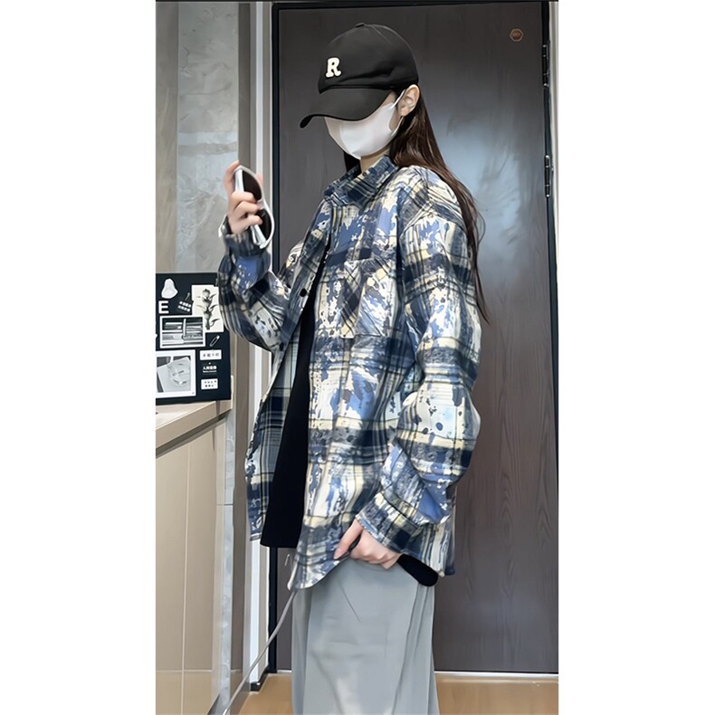 2025春秋新款美式刺绣仿扎染长袖衬衫格子衬衫CS3557特批50-控88,男装衬衫,星座810(原QT5070)