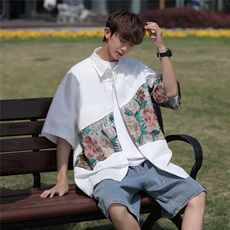 花衬衫夏季男士潮流刺绣休闲短袖衬衣上衣服外套CS0202-P45，男装衬衫，星座308B-2