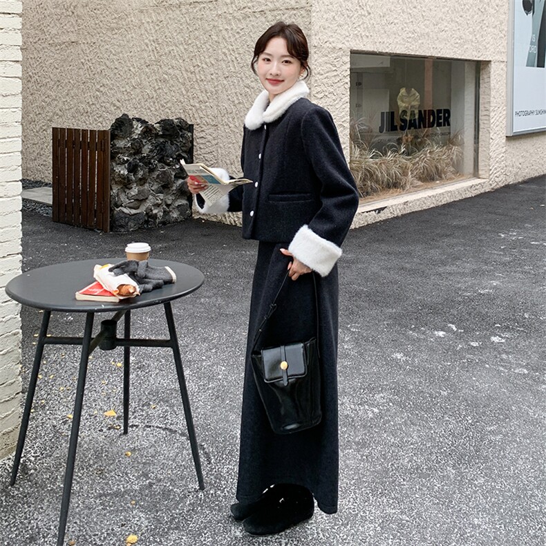赫本风优雅拼接毛领羽绒内胆加厚半裙套装F698-P215-K328，女装套装/套裙，2C255