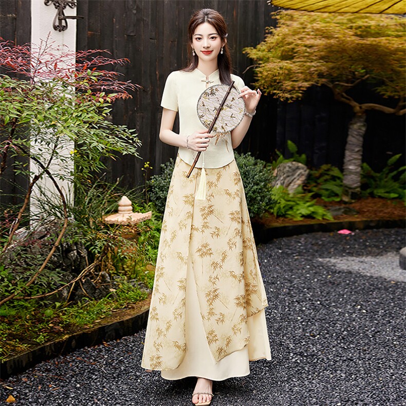 【蝶影竹园】夏季新款刺绣重工竹叶冰丝上衣＋不规则竹叶半裙套装，女装套装/套裙，宝儿家