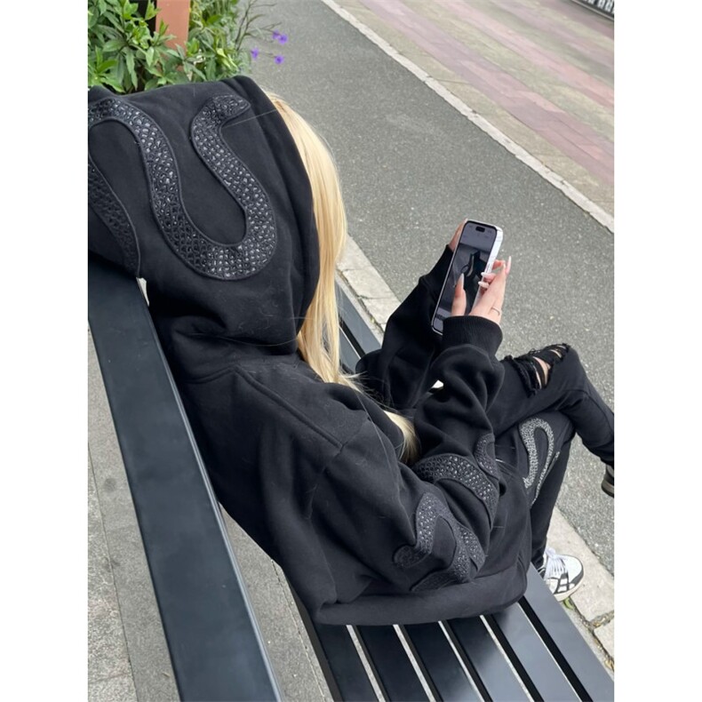 WY01CC-特P68黑蛇碎石绣花卫衣男女高街情侣帽衫,男装卫衣,星座1007（原301D）