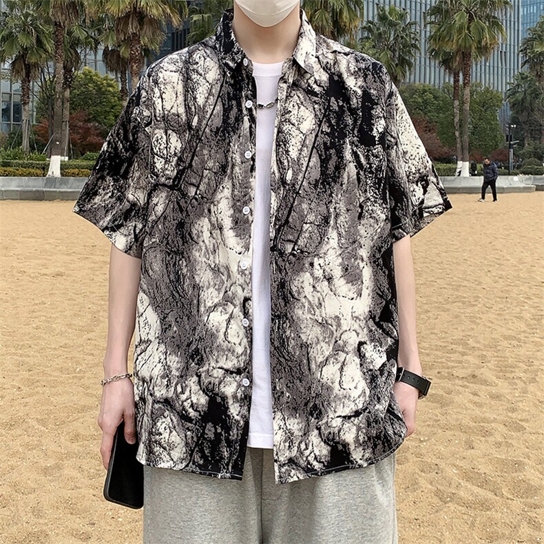 沙滩景宽松港风潮休闲短袖衬衫男装清凉花衬衣7236P35,男装衬衫,电商A056