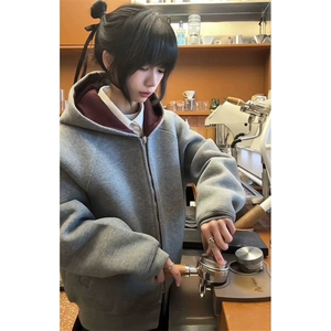 空气层短款连帽卫衣男春秋重磅boxy版型帝王红内开衫外套W740