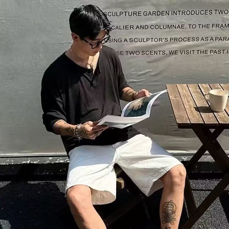 日系亚麻T恤男圆领九分袖潮流薄款宽松夏季新品沙滩休闲度假上衣,男装T恤,星座506A