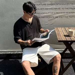 日系亚麻T恤男圆领九分袖潮流薄款宽松夏季新品沙滩休闲度假上衣图片