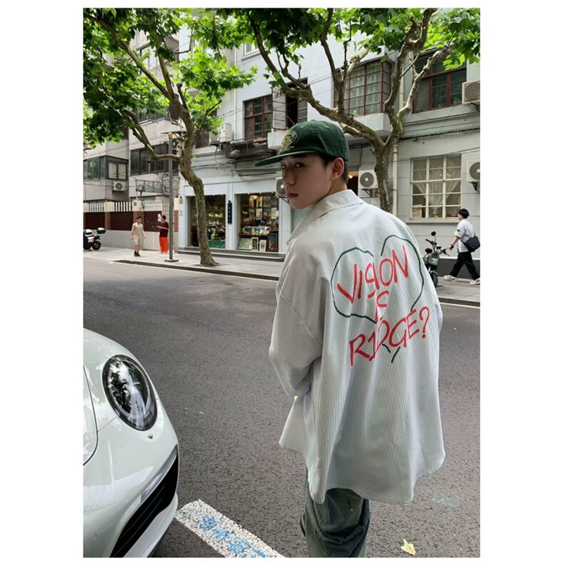 手绘涂鸦条纹长袖衬衫男春秋季休闲衬衣宽松慵懒风外套C2215,男装衬衫,星座1116A（原606A-3）
