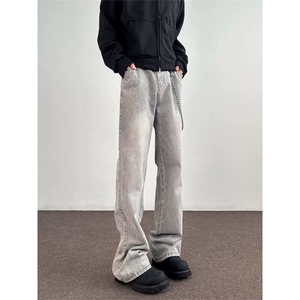 水洗烟灰色微喇牛仔裤男潮半松紧腰头长裤513CK1828P37图片