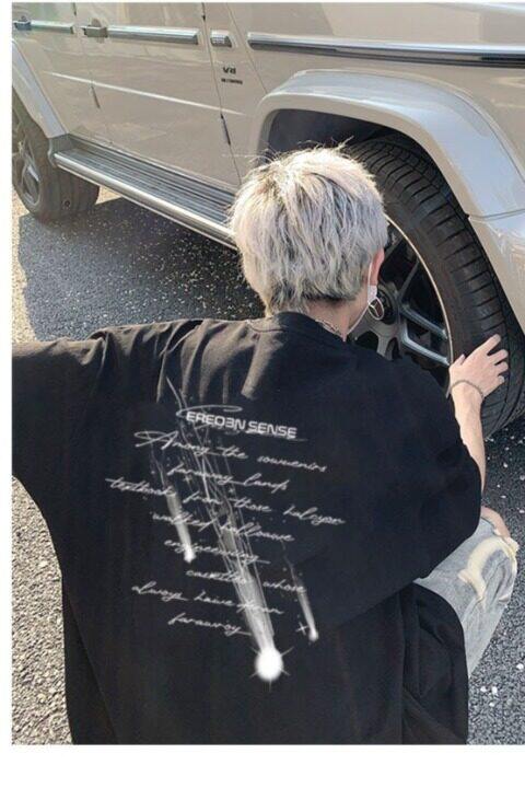 纯棉2025后背流星字母设计t恤男生设计感体恤男宽松五分袖青,男装T恤,星座218-1（原230）