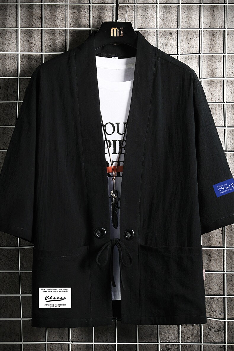 HF59062-P40风汉服男开衫外套七分袖道袍网格挂拍,男装民族服装,电商A040A