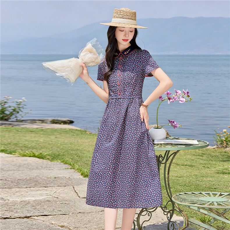 田园风碎花刺绣连衣裙女春夏收腰显瘦中长裙（细节图颜色为准）,女装连衣裙,水衣源