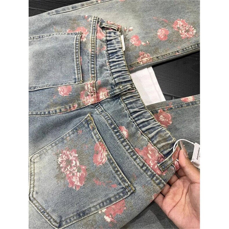美式高街花卉印花破洞牛仔裤男夏季潮牌弯刀裤直筒裤LN12588-P48,男装牛仔裤,星座1008