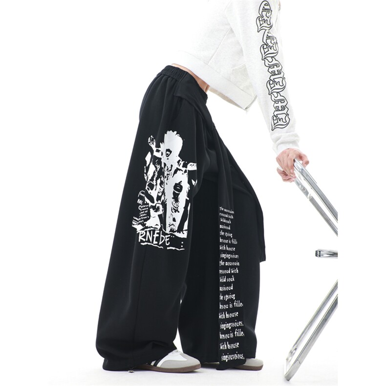 秋冬街头复古绑带叠穿弯刀印花卫裤女士爵士街舞阔腿裤YZ8078-P50,男装休闲裤,星座509