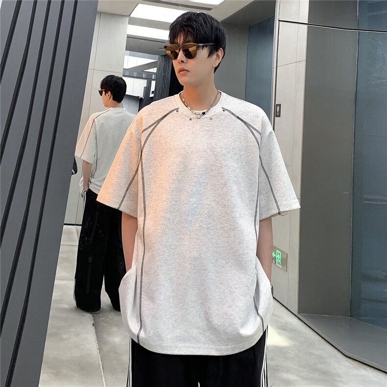 美式男孩明线金属装饰短袖复古时尚半袖打底情侣开衫T802-P38,男装T恤,电商C307A