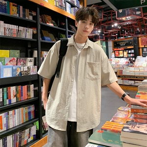 24年港风夏款工装纯色宽松短袖衬衫男CS111 P35图片