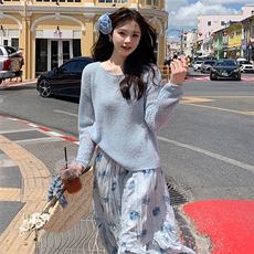 韩系蓝色针织衫碎花半身裙套装女2025春季新款高级感气质两件套潮，女装套装/套裙，浙宝305