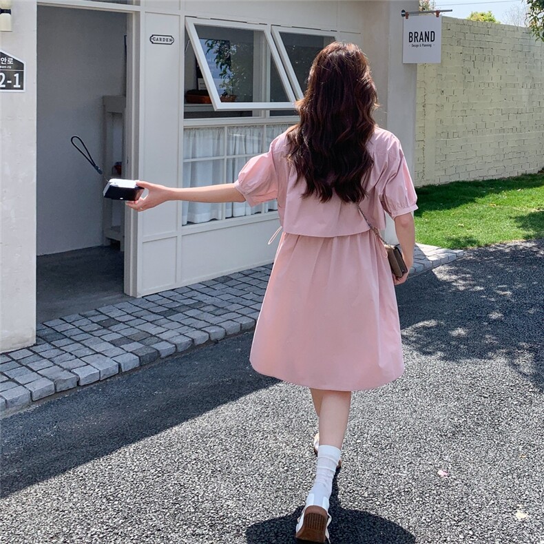韩系甜美减龄粉色假两件短袖连衣裙女2025夏季新款宽松休闲衬衫裙,女装连衣裙,帛锦泉
