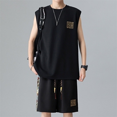 拼接短裤两件套夏季男士背心套装男刺绣休闲运动A266-TZ1107-P43，男装牛仔裤，电商A266