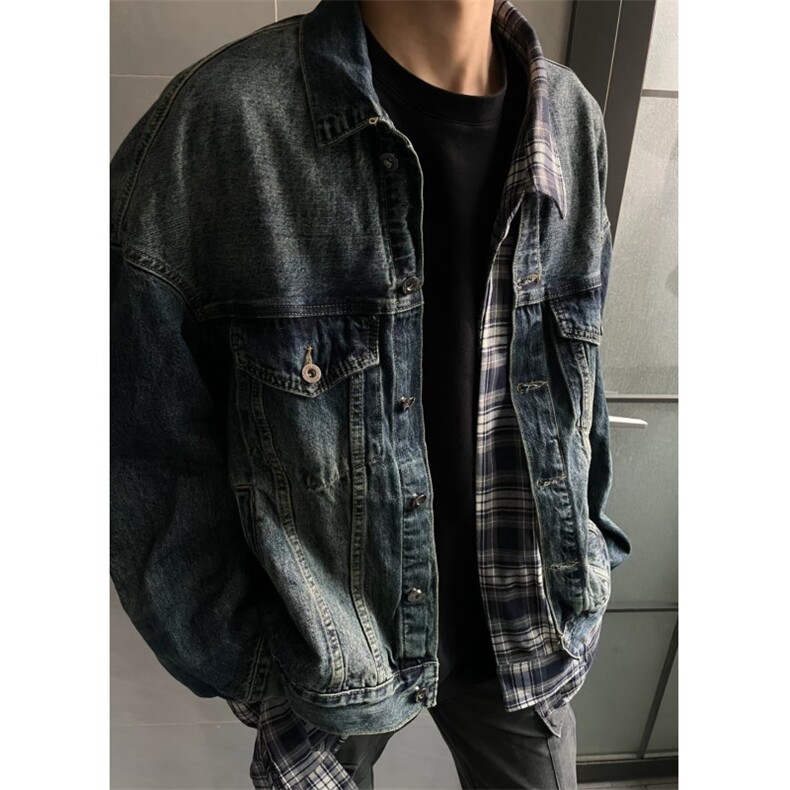 不规则设计感格子拼接牛仔外套男秋季潮牌休闲宽松假两件工装外套图片