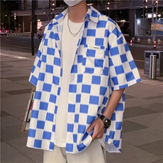 F183-P302024新款棋盘格短袖衬衫男夏季ins潮牌宽松半袖衬衣现货，男装衬衫，星座512-6