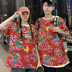 HT203夏情侣东北大花民族风牡丹花圆领短袖T恤青少年大码男女潮图片
