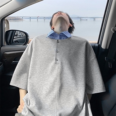 美式痞帅假两件衬衫领短袖T恤男款夏季潮牌宽松潮流重磅半袖上衣，男装T恤，电商A001